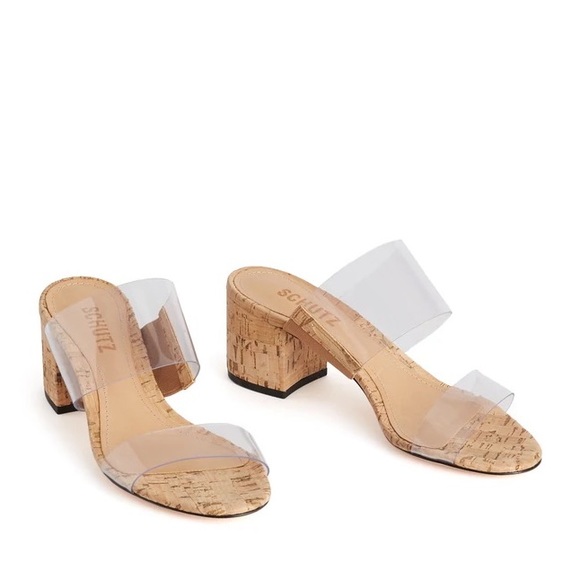 SCHUTZ Shoes - Schutz Cork Heel Clear Strap Sandal Low Block Heel Size 7.5